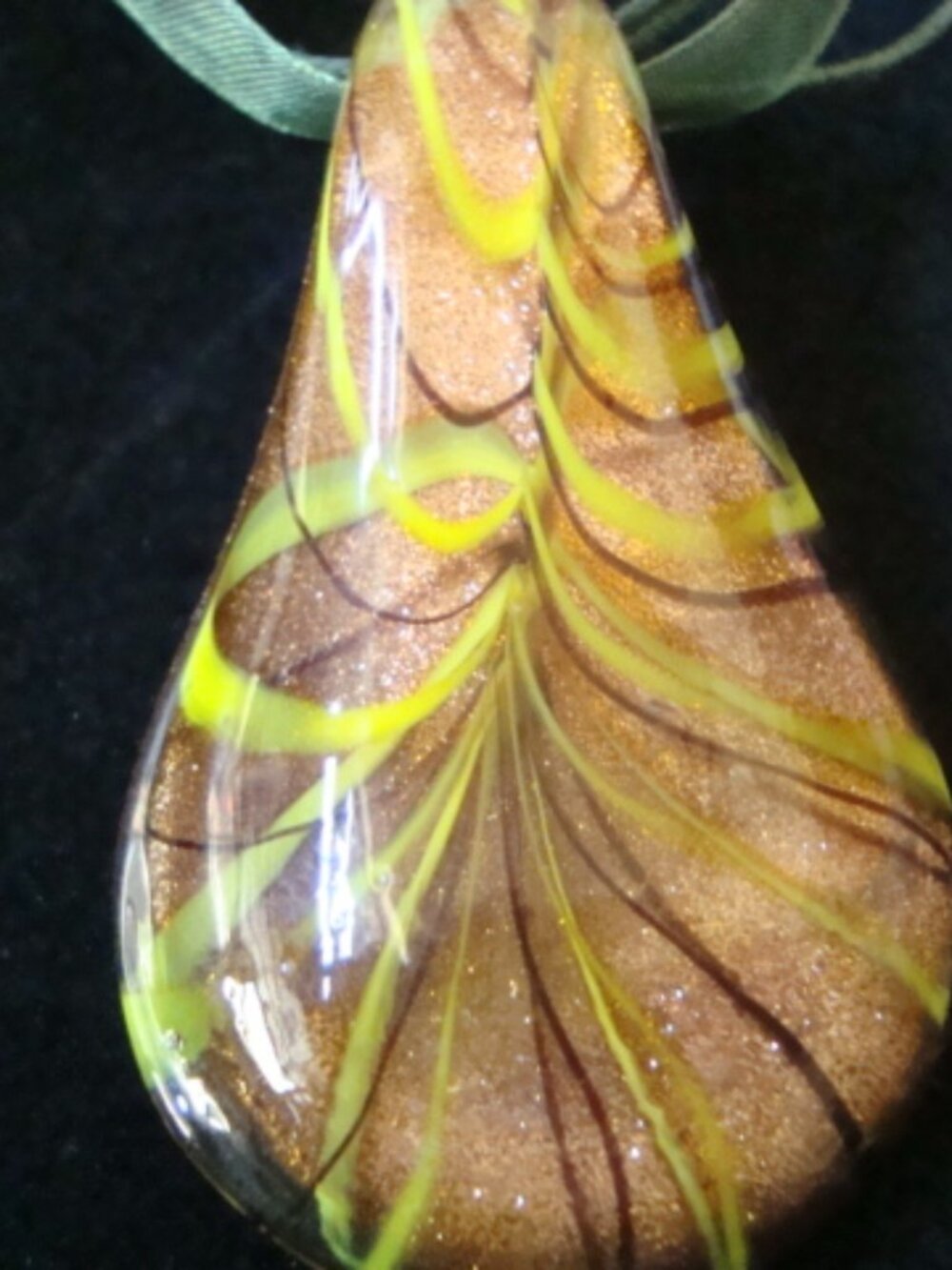 Murano Style Art Glass‎ Pendant Necklace Gold Foil Copper Leaf Organza Ribbon